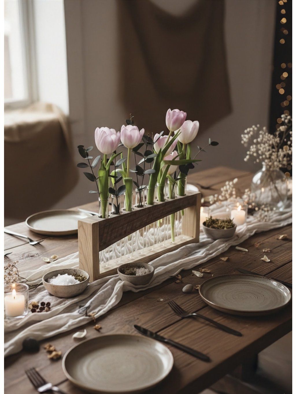 Botanický solitér FESTUM FLORUM: Stolný skúmavkový stojan z orecha a jaseňa na kvetinové aranžmány